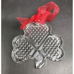 WATERFORD CRYSTAL Clover Shamrock 2.75" Christmas Ornament w/ Red Ribbon